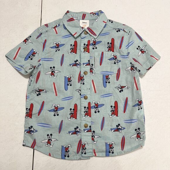 Disney Shirt Toddler Boy 4T‎ Blue Surfing Mickey Mouse Button Up Collar Camp - Picture 1 of 7